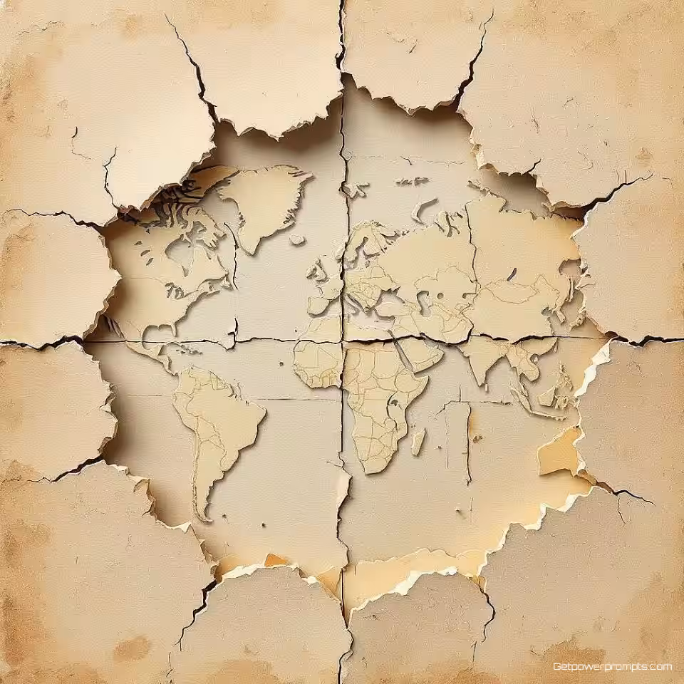 Gescheurde kaart met ontbrekende stukken, vintage papiersnede stijl, speelse sfeer sfeer, eenvoudig papier achtergrond achtergrond, zacht natuurlijk licht verlichting, vintage papierkunst illustratie, handgesneden papier esthetiek, gelaagde papier elementen, getextureerde papier oppervlakken, aarden tinten palet, gecentreerde compositie, driedimensionale papierkunst, ambachtelijk papier texturen, papiersculptuur, mixed media collage, nostalgische ambachtelijke stijl, papieren uitsnede details, handgemaakte esthetiek, papieren schaduweffecten