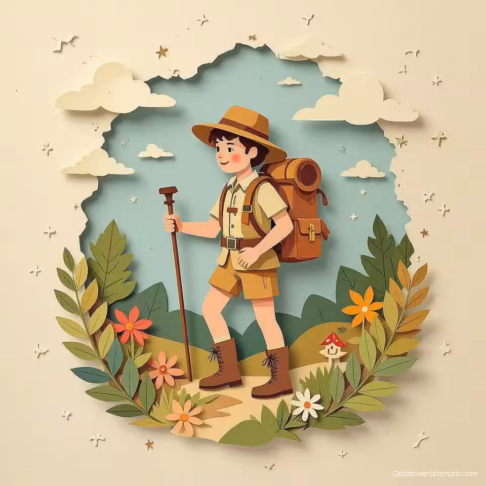 Verdwaalde ontdekkingsreiziger personage, vintage papiersnede stijl, speelse sfeer sfeer, eenvoudig papier achtergrond achtergrond, zacht natuurlijk licht verlichting, vintage papierkunst illustratie, handgesneden papier esthetiek, gelaagde papier elementen, getextureerde papier oppervlakken, aarden tinten palet, gecentreerde compositie, driedimensionale papierkunst, ambachtelijk papier texturen, papiersculptuur, mixed media collage, nostalgische ambachtelijke stijl, papieren uitsnede details, handgemaakte esthetiek, papieren schaduweffecten