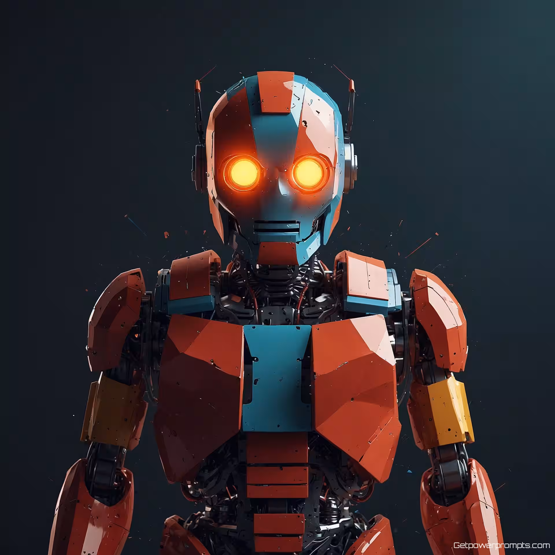 Kapotte robot, flat design, speels sfeer, effen kleur achtergrond, dramatisch licht verlichting, schone lijnen, geometrische vormen, moderne esthetiek, digitale illustratie, gecentreerde compositie, levendige kleuren