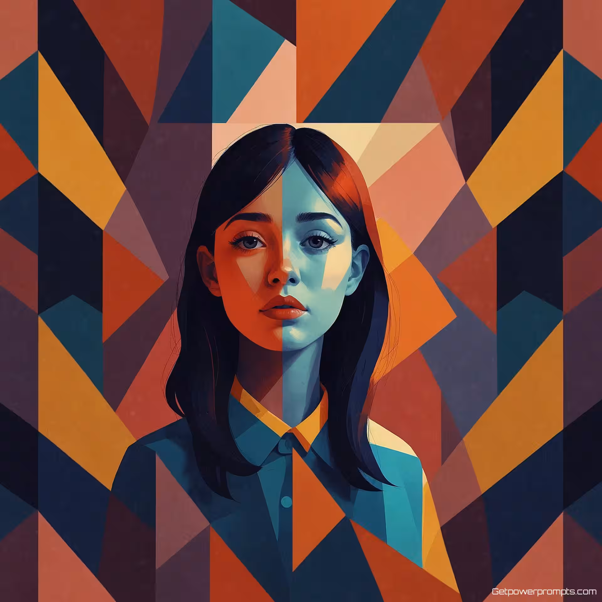 Verward personage, geometrische illustratie, speels sfeer, patroon achtergrond, zacht licht verlichting, schone lijnen, geometrische vormen, moderne esthetiek, digitale illustratie, gecentreerde compositie, levendige kleuren