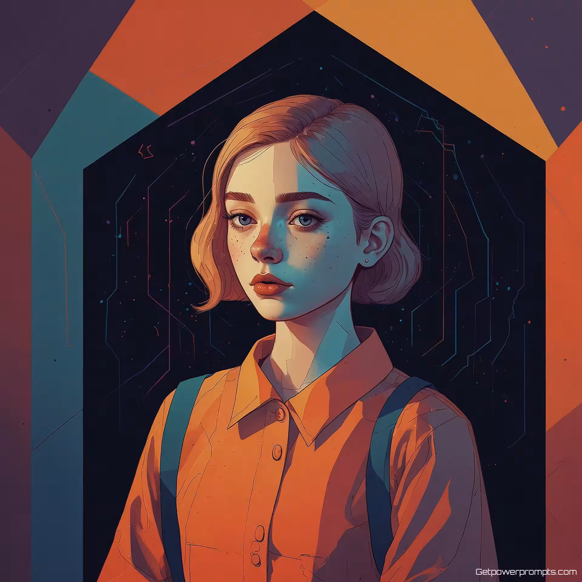 Verward personage, lijnkunst, eigenzinnig sfeer, effen kleur achtergrond, natuurlijk licht verlichting, schone lijnen, geometrische vormen, moderne esthetiek, digitale illustratie, gecentreerde compositie, levendige kleuren