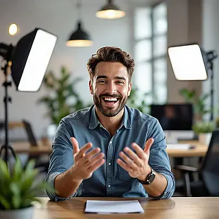 Blije klant, authentiek getuigenis videoframe, kantooromgeving achtergrond, studiobelichting verlichting, enthousiast sfeer, natuurlijke uitdrukking, professionele videostill, ondiepe scherptediepte, zachte achtergrondfocus, authentiek moment, getuigenis videocontext, boeiende uitdrukking, professionele kwaliteit