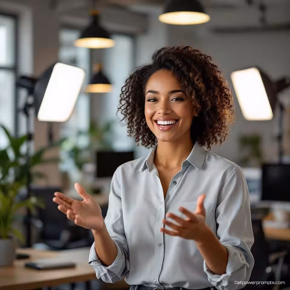 Productgebruiker, authentiek getuigenis videoframe, kantooromgeving achtergrond, studiobelichting verlichting, enthousiast sfeer, natuurlijke uitdrukking, professionele videostill, ondiepe scherptediepte, zachte achtergrondfocus, authentiek moment, getuigenis videocontext, boeiende uitdrukking, professionele kwaliteit