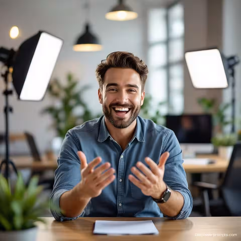 Blije klant, authentiek getuigenis videoframe, kantooromgeving achtergrond, studiobelichting verlichting, enthousiast sfeer, natuurlijke uitdrukking, professionele videostill, ondiepe scherptediepte, zachte achtergrondfocus, authentiek moment, getuigenis videocontext, boeiende uitdrukking, professionele kwaliteit