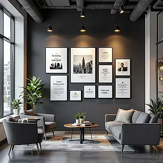 Galerij wand opstelling, fotorealistisch, kantoor wand achtergrond achtergrond, zacht daglicht verlichting, professionele sfeer sfeer, meerdere testimonial kaarten opstelling, galerij wand compositie, professionele lay-out, merk integratie, elegante afstand, visuele hiërarchie, zakelijke erkenning weergave, authentieke testimonial showcase, professionele fotografie