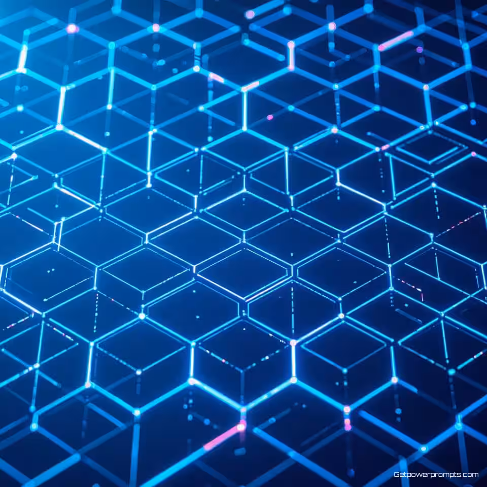 Zeshoekig raster rasterlijnen, digitale kunst, donker verloop achtergrond, blauw neon, zacht gloeien verlichting, subtiele gloeieffecten, geometrische precisie, modern webdesign, schoon esthetisch, professioneel, naadloze integratie, digitaal rastersysteem, futuristische sfeer