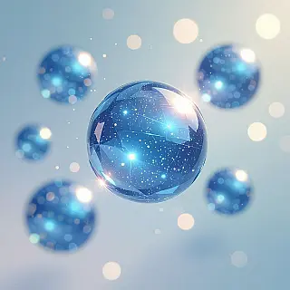 Kristallen bollen gloeiende bollen, digitale kunst, gradiënt achtergrond, koele blauwen, zacht licht verlichting, zwevende deeltjeseffecten, subtiele gloed, etherische sfeer, website achtergrond, modern webdesign, professionele esthetiek, naadloze integratie, zachte focus