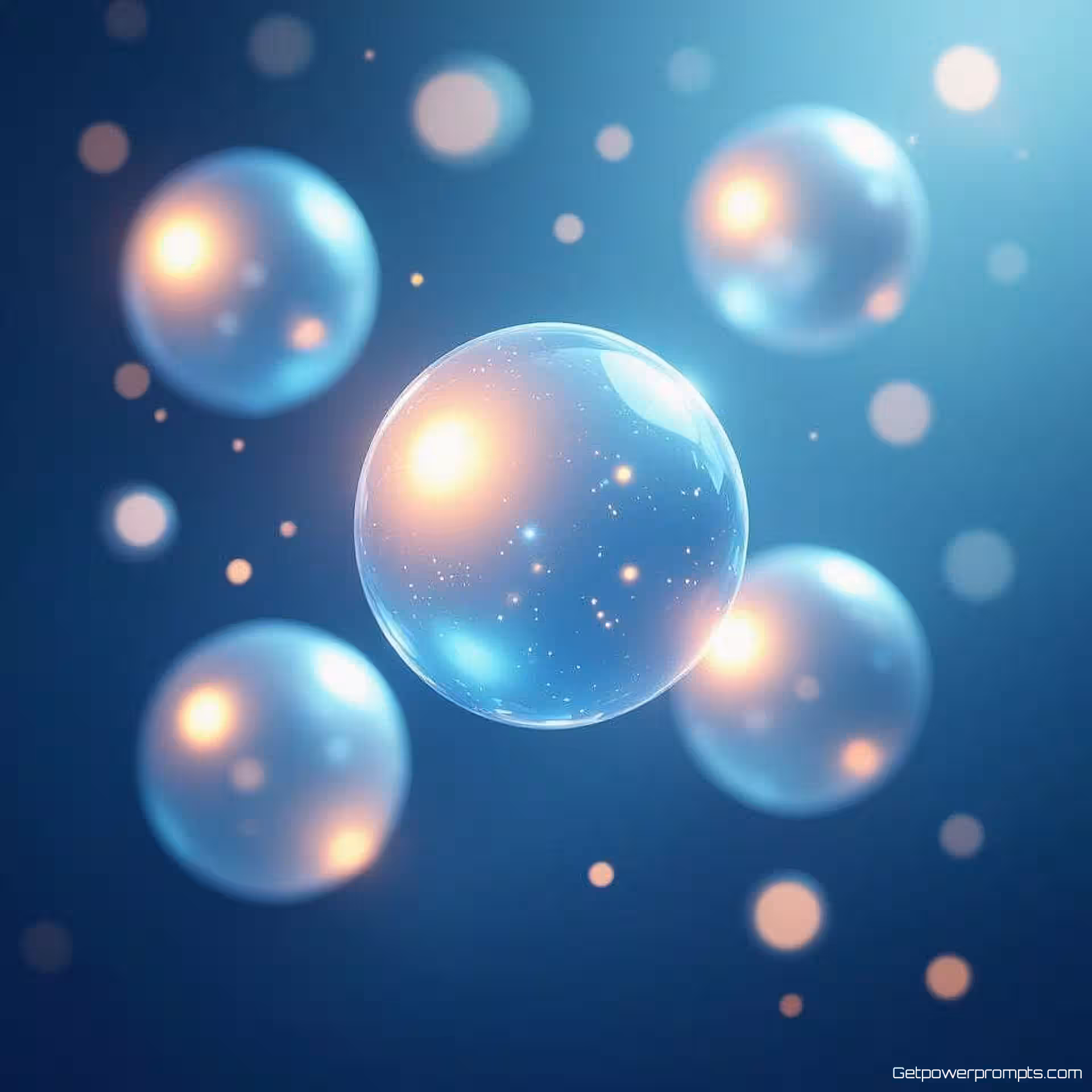Energiebollen gloeiende bollen, digitale kunst, gradiënt achtergrond, koele blauwen, zacht licht verlichting, zwevende deeltjeseffecten, subtiele gloed, etherische sfeer, website achtergrond, modern webdesign, professionele esthetiek, naadloze integratie, zachte focus