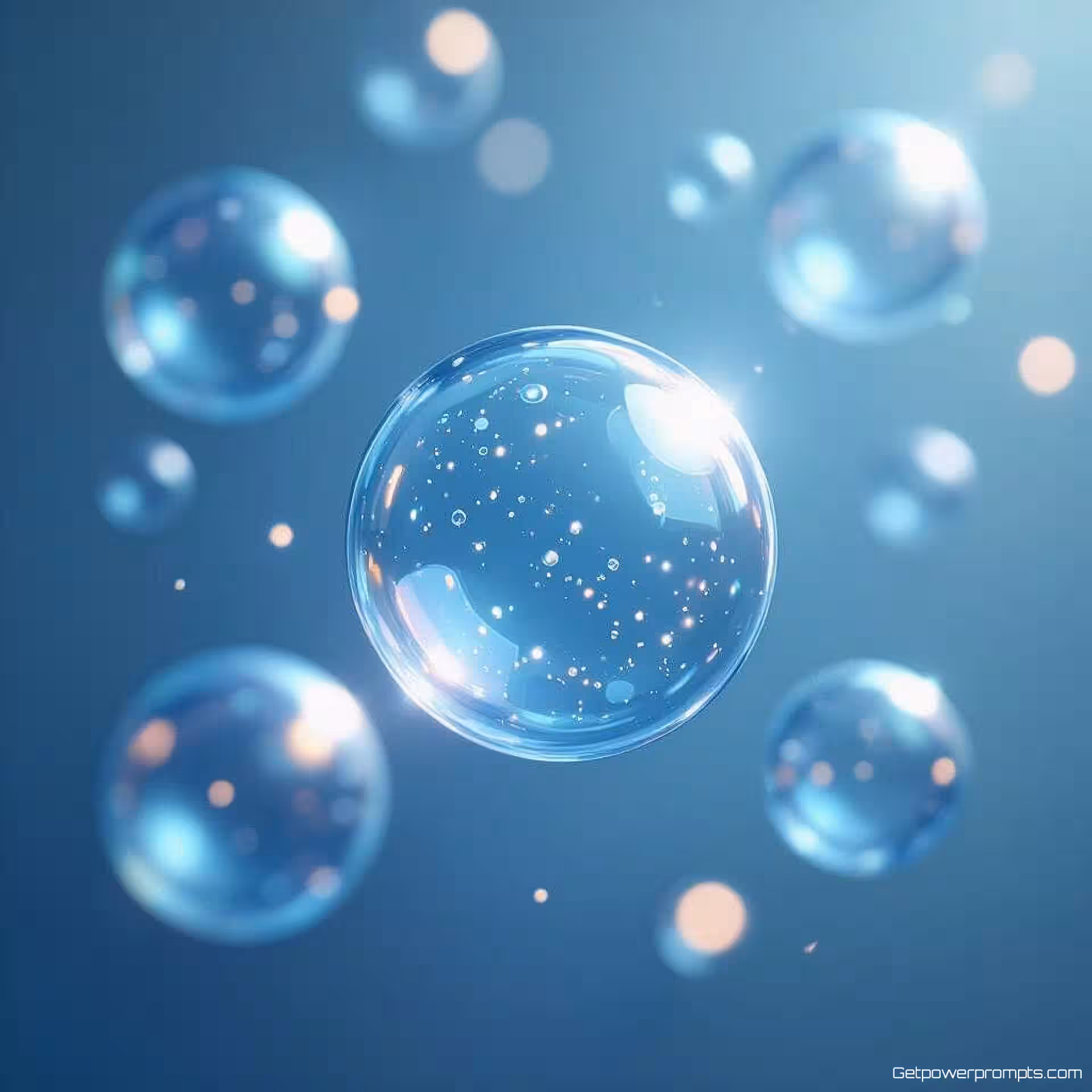 Vloeibare bubbels gloeiende bollen, digitale kunst, gradiënt achtergrond, koele blauwen, zacht licht verlichting, zwevende deeltjeseffecten, subtiele gloed, etherische sfeer, website achtergrond, modern webdesign, professionele esthetiek, naadloze integratie, zachte focus