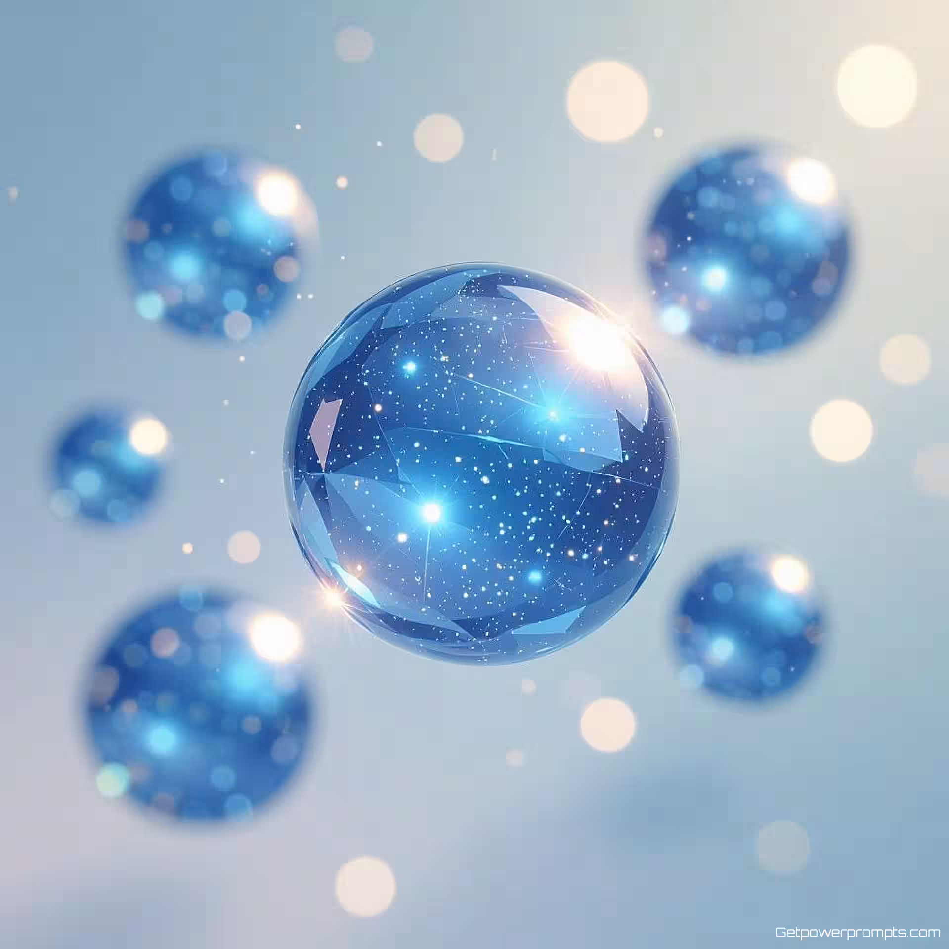 Kristallen bollen gloeiende bollen, digitale kunst, gradiënt achtergrond, koele blauwen, zacht licht verlichting, zwevende deeltjeseffecten, subtiele gloed, etherische sfeer, website achtergrond, modern webdesign, professionele esthetiek, naadloze integratie, zachte focus