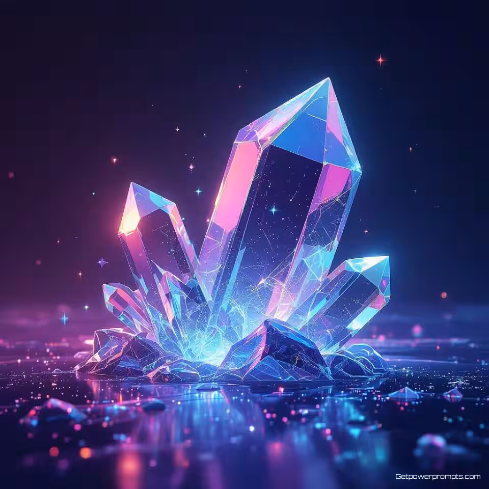 Abstract kristal, digitale kunst, donker verloop achtergrond, neon gloed verlichting, cyberpunk kleuren, holografische gloeieffecten, iriserende oppervlakken, lichtbrekingspatronen, subtiele transparantie, modern webdesign, futuristische esthetiek, professioneel, schone compositie