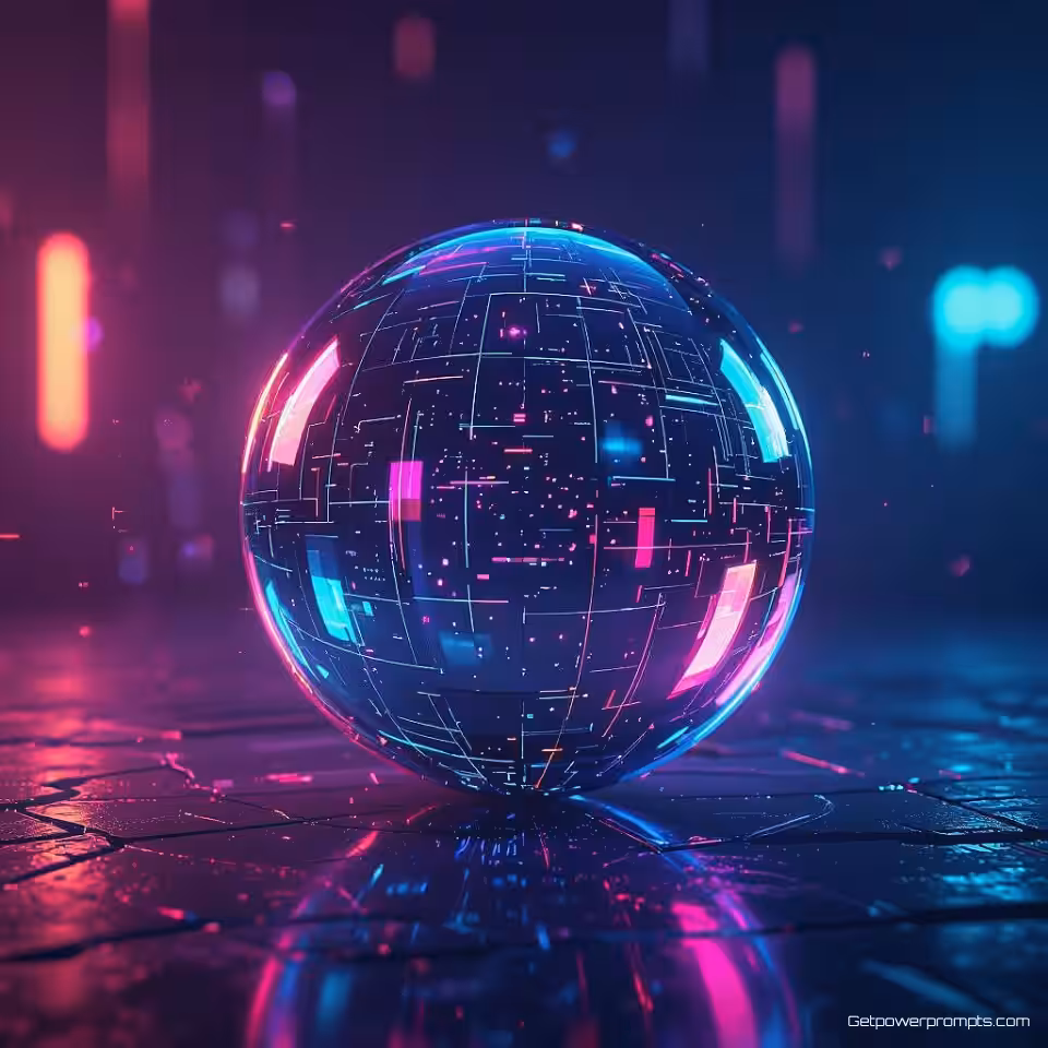 Zwevende bol, digitale kunst, donker verloop achtergrond, neon gloed verlichting, cyberpunk kleuren, holografische gloeieffecten, iriserende oppervlakken, lichtbrekingspatronen, subtiele transparantie, modern webdesign, futuristische esthetiek, professioneel, schone compositie