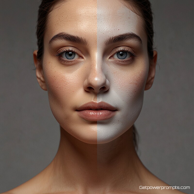 skincare product before and after transformation, comparison photography, gradient background background, studio lighting lighting, wide angle perspective, professional aesthetic, sharp focus, side-by-side layout, commercial style