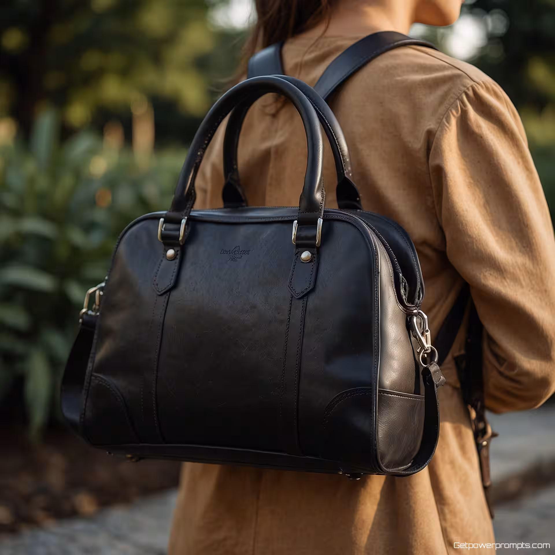 Premium leren tas, lifestyle fotografie, energiek sfeer, buiten setting achtergrond, natuurlijk daglicht verlichting, zachte achtergrond focus, spontane stijl, authentiek moment, natuurlijke setting