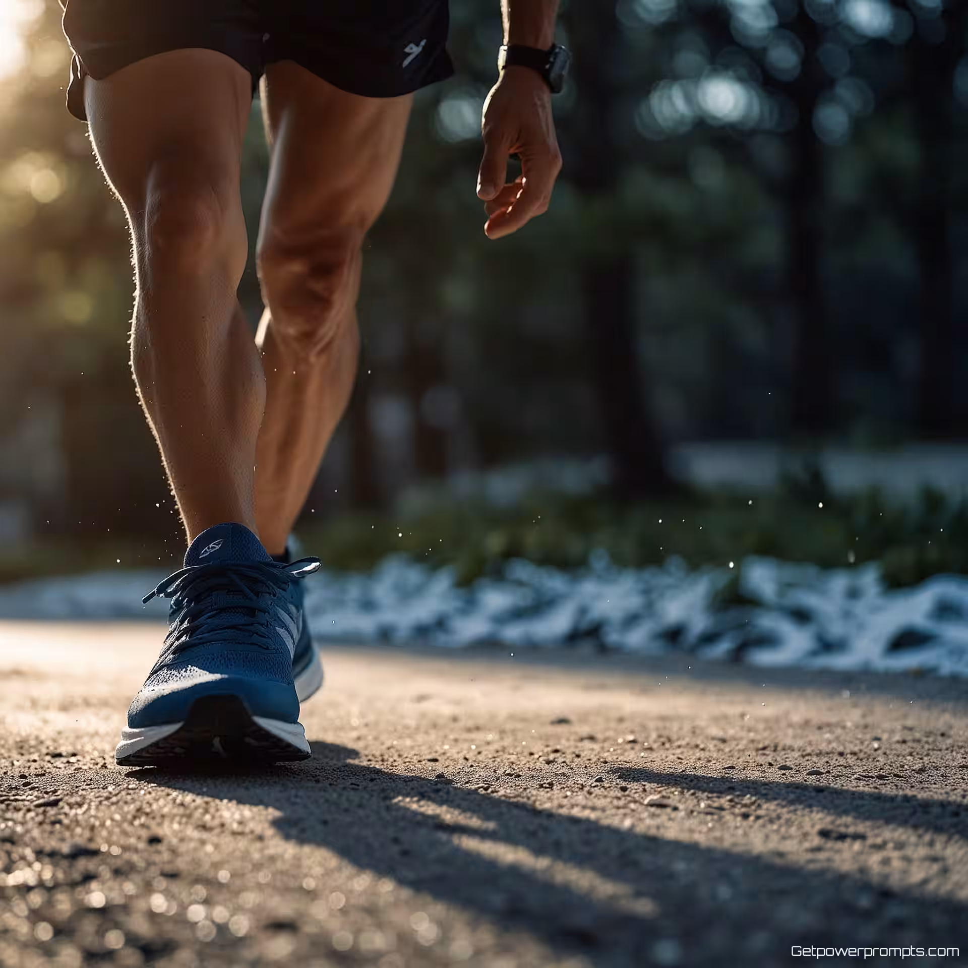 Hardloopschoen, bewegingsfotografie, cinematisch, natuurlijke belichting belichting, dynamische beweging vastleggen, lifestyle setting achtergrond, actiesequentie esthetiek, professionele commerciële fotografie, bewegingsonscherpte effect, scherpe productfocus, bevroren moment