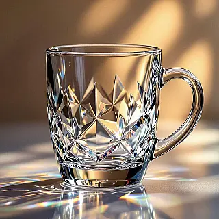 Ambachtelijke koffiemok, creatieve glasfotografie, kristallen glas vervormingseffecten, studiobelichting verlichting, close-up perspectief, minimalistisch, professionele productpresentatie, brekende lichtpatronen, scherpe focus, artistieke commerciële esthetiek, glastextuurdetails