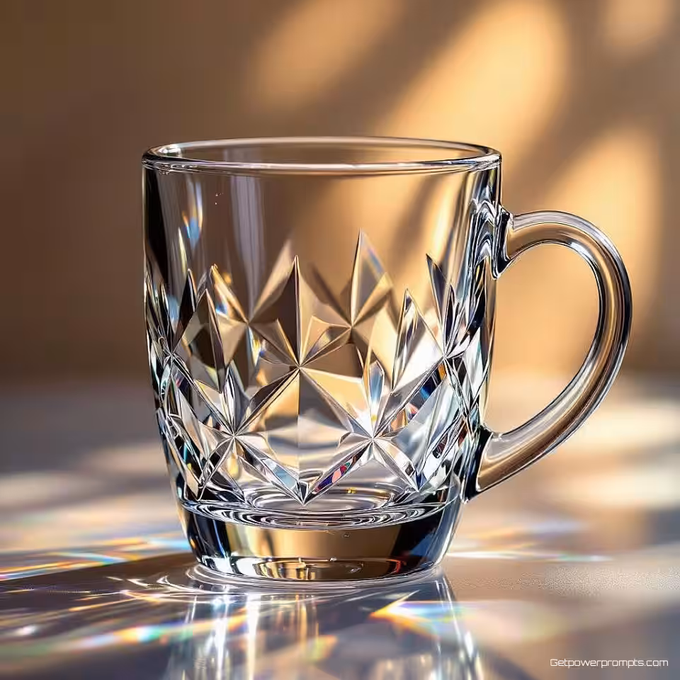 Ambachtelijke koffiemok, creatieve glasfotografie, kristallen glas vervormingseffecten, studiobelichting verlichting, close-up perspectief, minimalistisch, professionele productpresentatie, brekende lichtpatronen, scherpe focus, artistieke commerciële esthetiek, glastextuurdetails