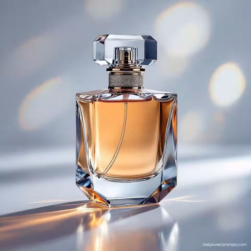 Designer parfumflesje, professionele productfotografie, subtiele lensflare lensflare-effecten, studiobelichting verlichting, clean background achtergrond, close-up shot perspectief, artistieke commerciële esthetiek, scherpe productfocus, atmosferische lichtpatronen, professionele studiokwaliteit