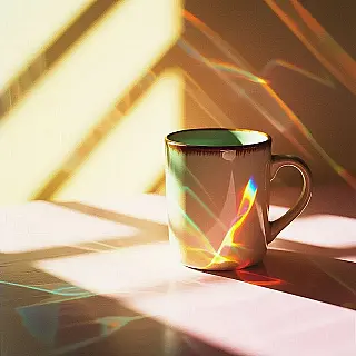 Ambachtelijke koffiemok, creatieve lichtlekfotografie, vintage film lichtlekken lichtpatronen, studiobelichting verlichting, effen kleur achtergrond achtergrond, close-up perspectief perspectief, artistieke commerciële esthetiek, scherpe productfocus, atmosferische lichteffecten, professionele studiokwaliteit, vintage-geïnspireerde visuele vervorming