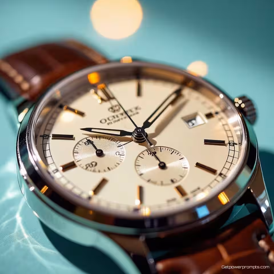 Luxe polshorloge, creatieve lichtlekfotografie, vintage film lichtlekken lichtpatronen, studiobelichting verlichting, effen kleur achtergrond achtergrond, close-up perspectief perspectief, artistieke commerciële esthetiek, scherpe productfocus, atmosferische lichteffecten, professionele studiokwaliteit, vintage-geïnspireerde visuele vervorming