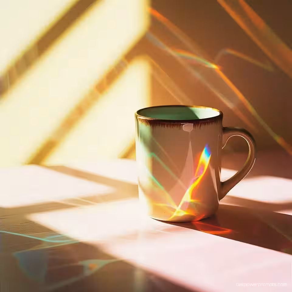 Ambachtelijke koffiemok, creatieve lichtlekfotografie, vintage film lichtlekken lichtpatronen, studiobelichting verlichting, effen kleur achtergrond achtergrond, close-up perspectief perspectief, artistieke commerciële esthetiek, scherpe productfocus, atmosferische lichteffecten, professionele studiokwaliteit, vintage-geïnspireerde visuele vervorming