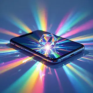 Smartphone, creatieve prismafotografie, regenboogspectrum lichtbreking, studio spotlicht belichting, close-up perspectief, minimalistisch, professionele productpresentatie, regenbooglichtpatronen, scherpe focus, commerciële esthetiek, geometrische lichtvervorming, kristalachtige optische effecten