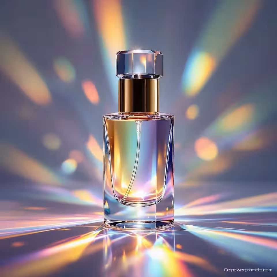 Cosmetica fles, creatieve prismafotografie, regenboogspectrum lichtbreking, studio spotlicht belichting, close-up perspectief, minimalistisch, professionele productpresentatie, regenbooglichtpatronen, scherpe focus, commerciële esthetiek, geometrische lichtvervorming, kristalachtige optische effecten