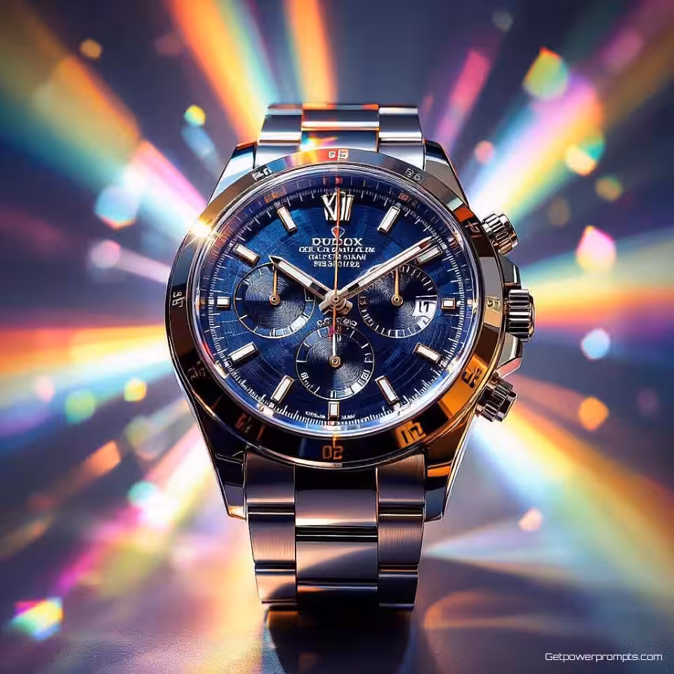 Luxe horloge, creatieve prismafotografie, regenboogspectrum lichtbreking, studio spotlicht belichting, close-up perspectief, minimalistisch, professionele productpresentatie, regenbooglichtpatronen, scherpe focus, commerciële esthetiek, geometrische lichtvervorming, kristalachtige optische effecten