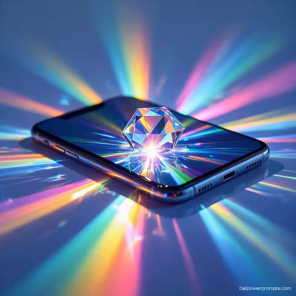 Smartphone, creatieve prismafotografie, regenboogspectrum lichtbreking, studio spotlicht belichting, close-up perspectief, minimalistisch, professionele productpresentatie, regenbooglichtpatronen, scherpe focus, commerciële esthetiek, geometrische lichtvervorming, kristalachtige optische effecten