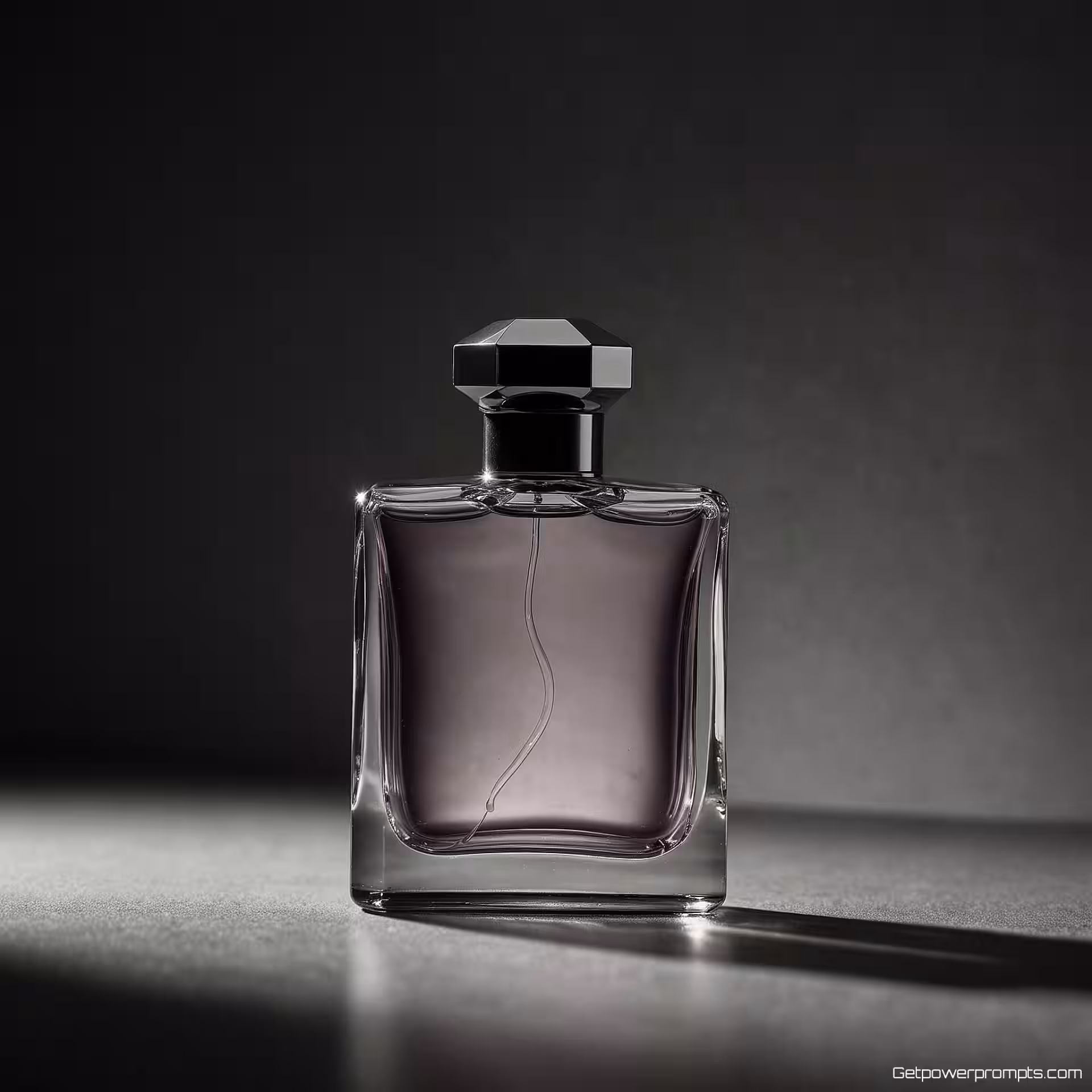 Parfumfles, creatieve schaduwfotografie, scherp geometrisch schaduweffecten, dramatische spotlight belichting, donker achtergrond, dramatische compositie, professionele productpresentatie, artistieke commerciële esthetiek, scherpe focus, schaduw en licht samenspel