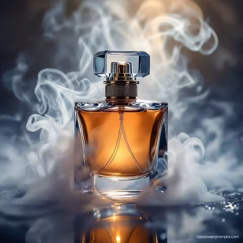 Designer parfum, creatieve rookfotografie, delicate rooksluiers rookeffecten, dramatische tegenlichting belichting, close-up shot perspectief, minimalistische stijl, professionele productpresentatie, atmosferische rookpatronen, scherpe productfocus, commerciële esthetiek, dramatische sfeer