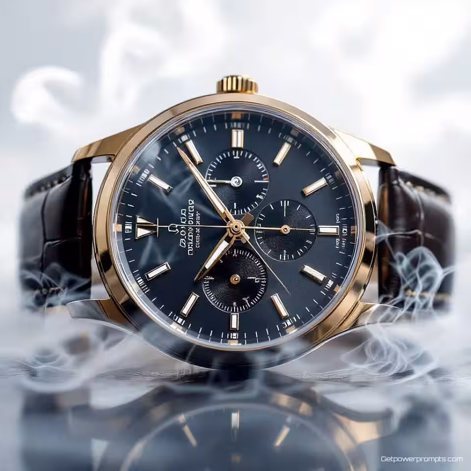 Luxe polshorloge, creatieve rookfotografie, delicate rooksluiers rookeffecten, dramatische tegenlichting belichting, close-up shot perspectief, minimalistische stijl, professionele productpresentatie, atmosferische rookpatronen, scherpe productfocus, commerciële esthetiek, dramatische sfeer