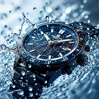 Waterdichte horloge, creatieve waterfotografie, waterdruppels waterinteractie, studiobelichting belichting, close-up perspectief, minimalistisch, professionele productpresentatie, waterdruppels en spetters, scherpe focus, commerciële esthetiek, dynamische vloeistofbeweging