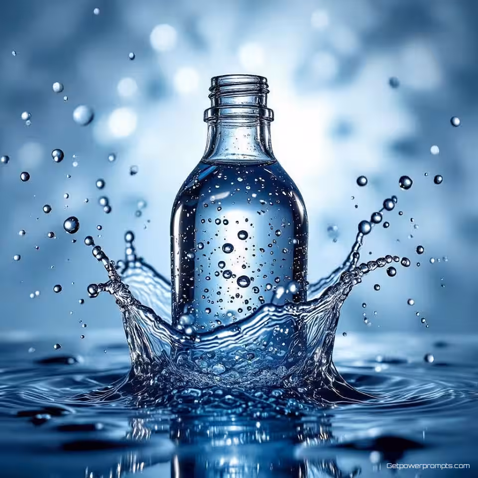 Glazen fles, creatieve waterfotografie, waterdruppels waterinteractie, studiobelichting belichting, close-up perspectief, minimalistisch, professionele productpresentatie, waterdruppels en spetters, scherpe focus, commerciële esthetiek, dynamische vloeistofbeweging