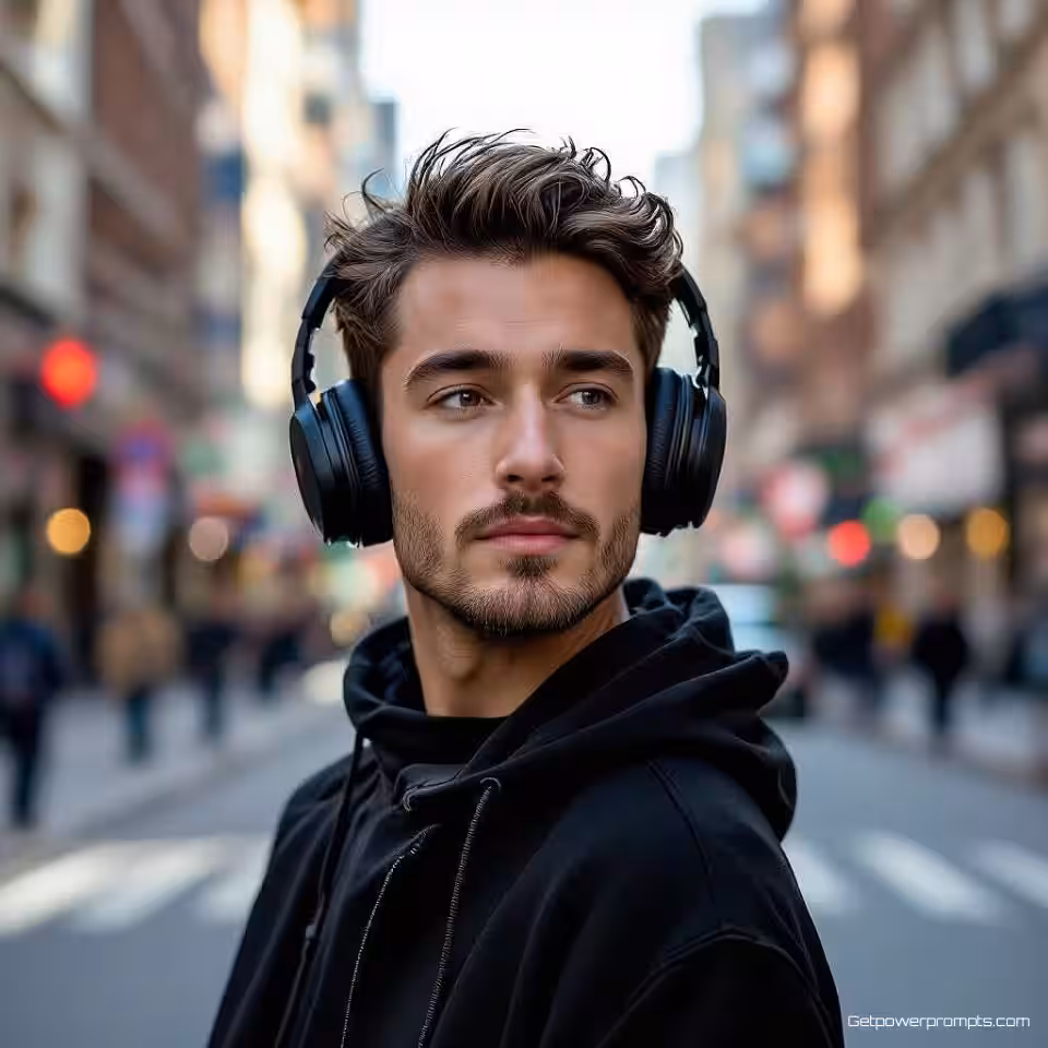 Draadloze koptelefoon, actie lifestyle fotografie, energiek sfeer, natuurlijk daglicht verlichting, actieshot perspectief, stedelijke omgeving achtergrond, bewegingsonscherpe effect, dynamische beweging, authentiek gebruiksmoment, ondiepe scherptediepte, levendige energie