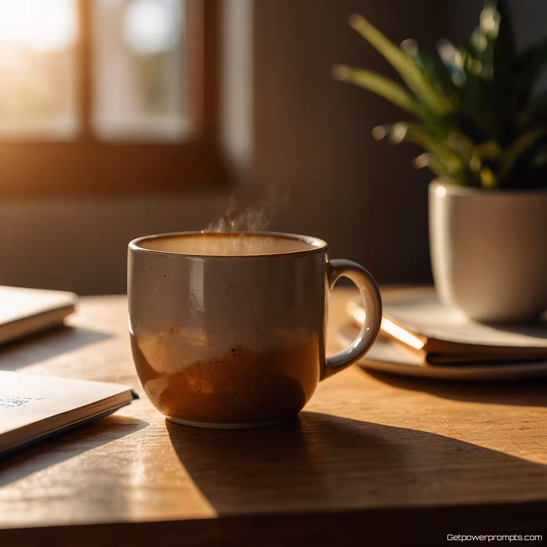 Ambachtelijke keramische koffiemok, lifestyle fotografie, moderne bureau met laptop en notitieboek achtergrond, warm gouden uur zonlicht verlichting, frisse en energieke sfeer sfeer, zachte achtergrond focus, authentieke productplaatsing, ondiepe scherptediepte