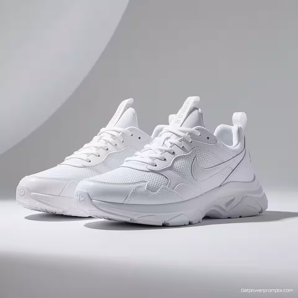 Atletische sneakers, minimalistische productfotografie, witte studio-achtergrond achtergrond, studiobelichting verlichting, close-up perspectief perspectief, monochroom kleurenschema, schone esthetiek, scherpe focus, professionele styling, geïsoleerde productpresentatie