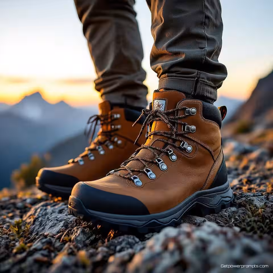 Waterdichte wandelschoenen, outdoor avontuur fotografie, bergtop omgeving, gouden uur verlichting verlichting, avontuurlijke sfeer sfeer, actiegerichte compositie, robuuste natuurlijke elementen, authentiek outdoor gebruik, dynamisch perspectief, ondiepe scherptediepte, omgevingsverhaal