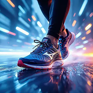 Hardloopschoenen, bewegingsfotografie, fotorealistisch, dramatisch verlichting, energiek sfeer, minimalistisch achtergrond, dynamische beweging vastleggen, bewegingsonscherpe effect, actiesequentie esthetiek, bevroren bewegingsmoment, ondiepe scherptediepte, professioneel product in gebruik
