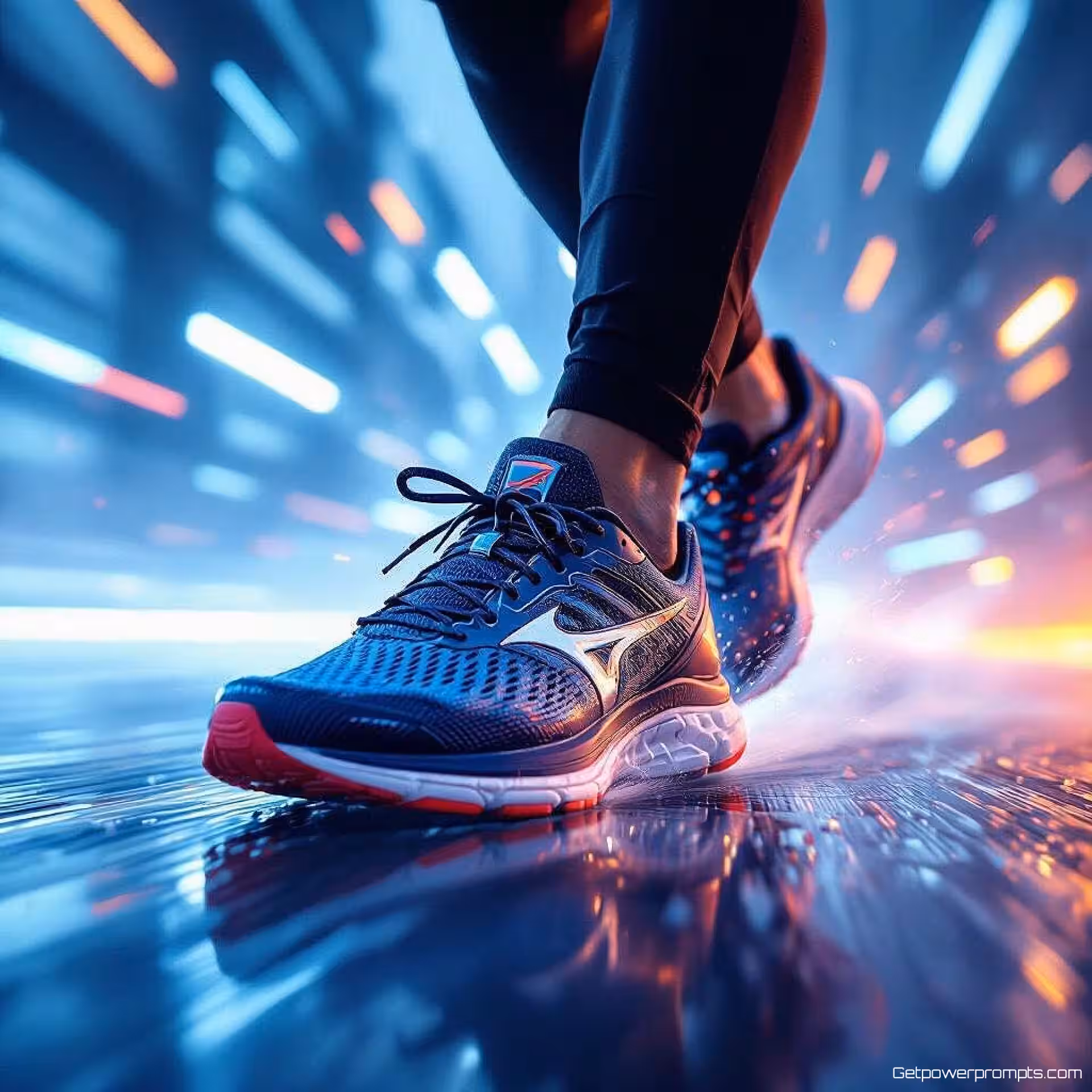 Hardloopschoenen, bewegingsfotografie, fotorealistisch, dramatisch verlichting, energiek sfeer, minimalistisch achtergrond, dynamische beweging vastleggen, bewegingsonscherpe effect, actiesequentie esthetiek, bevroren bewegingsmoment, ondiepe scherptediepte, professioneel product in gebruik