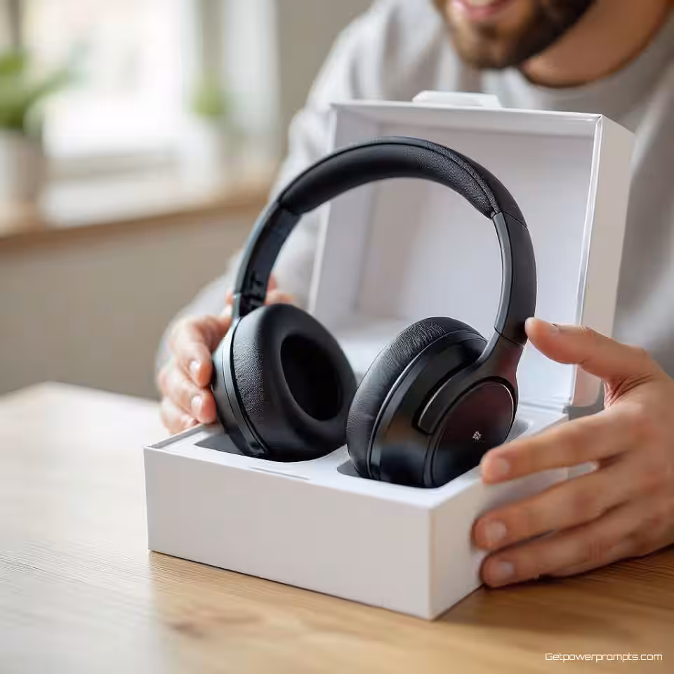 Draadloze hoofdtelefoon, uitpakfotografie, fotorealistisch, natuurlijke verlichting verlichting, opgewonden sfeer sfeer, handen die met verpakking interacteren, verse productonthulling, authentiek uitpakmoment, ondiepe scherptediepte, lifestyle-integratie, commerciële esthetiek