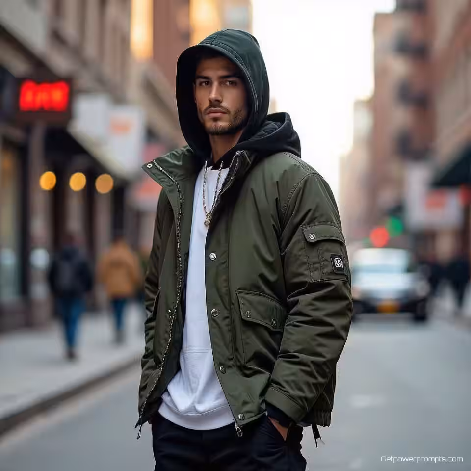 Streetwear jack, urbane straatfotografie, fotorealistisch, gouden uur verlichting, levendig sfeer, graffiti muren achtergrond, spontane straatstijl, dynamische compositie, authentieke urbane omgeving, kleine scherptediepte, straatmode esthetiek