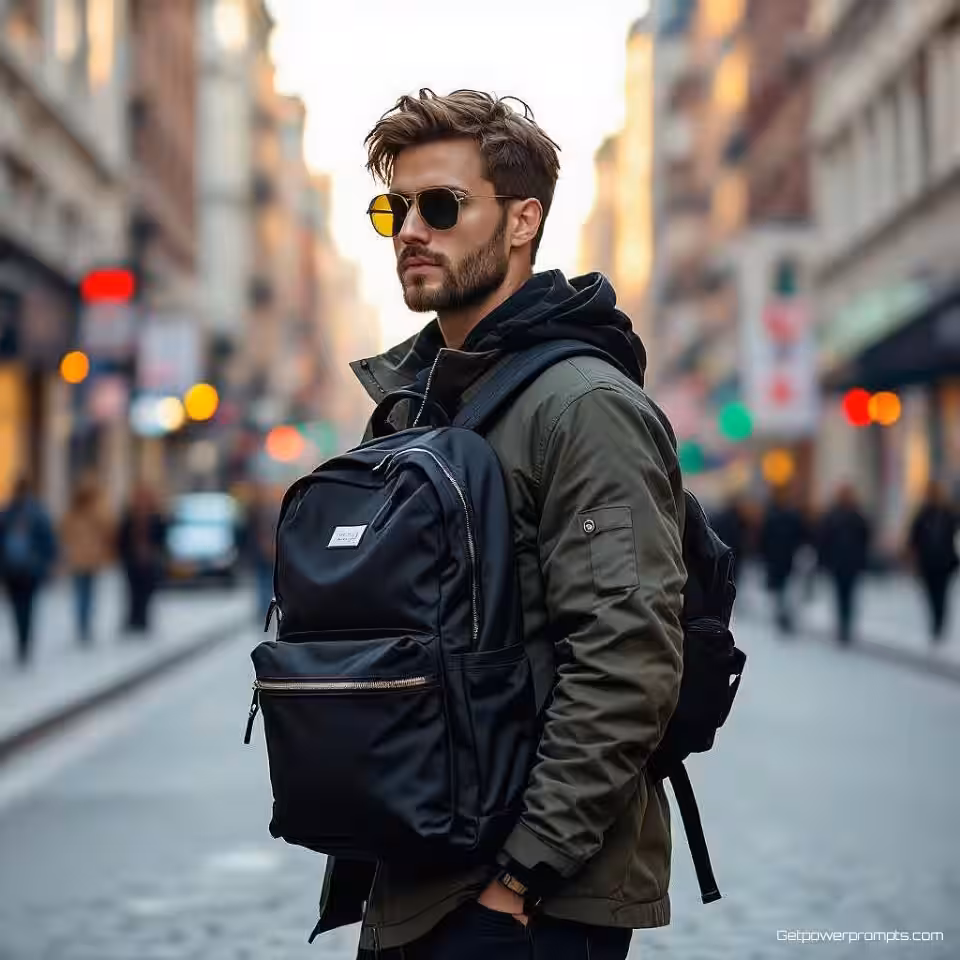 Urbane rugzak, urbane straatfotografie, fotorealistisch, gouden uur verlichting, levendig sfeer, graffiti muren achtergrond, spontane straatstijl, dynamische compositie, authentieke urbane omgeving, kleine scherptediepte, straatmode esthetiek