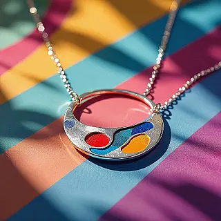 Handgemaakte zilveren ketting, abstracte artistieke flat lay fotografie, abstract expressionisme stijl, asymmetrische opstelling perspectief, aards kleurenschema kleurenschema, creatieve opstelling, expressieve esthetiek, artistieke productpresentatie, zachte schaduwen, geringe scherptediepte, hedendaagse kunstfotografie