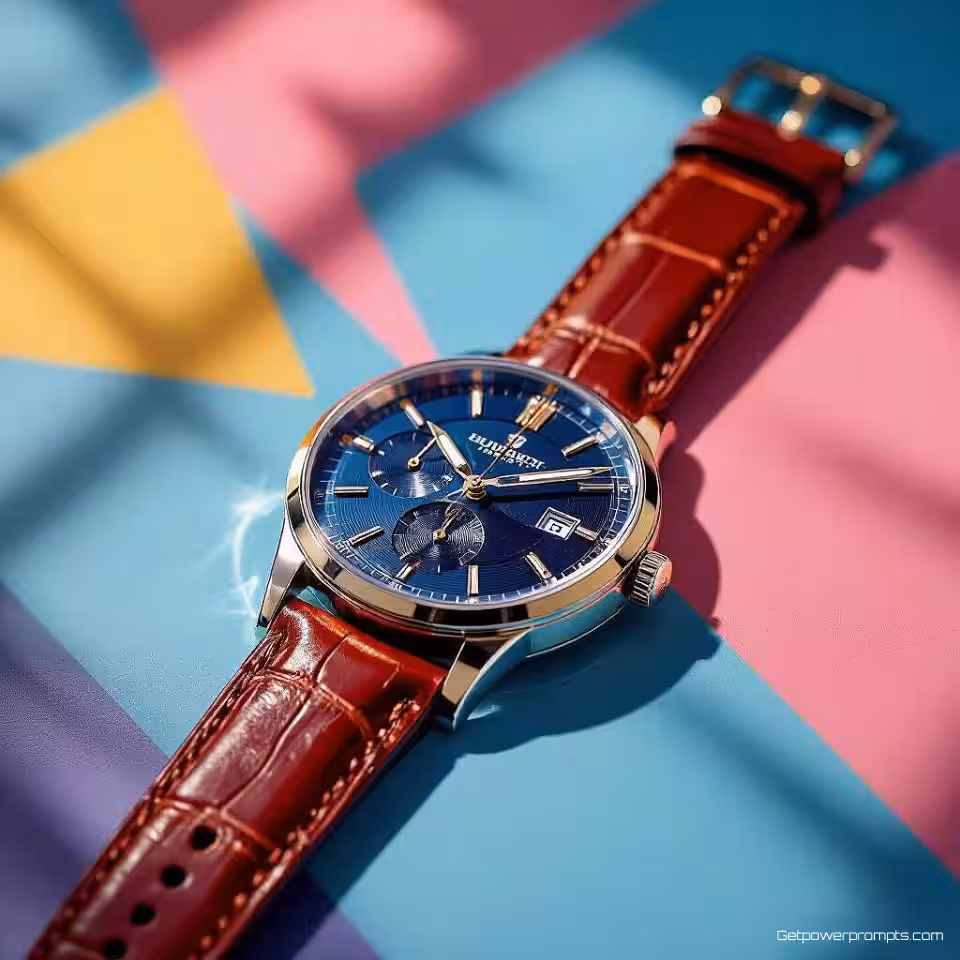 Luxe polshorloge, abstracte artistieke flat lay fotografie, abstract expressionisme stijl, asymmetrische opstelling perspectief, aards kleurenschema kleurenschema, creatieve opstelling, expressieve esthetiek, artistieke productpresentatie, zachte schaduwen, geringe scherptediepte, hedendaagse kunstfotografie