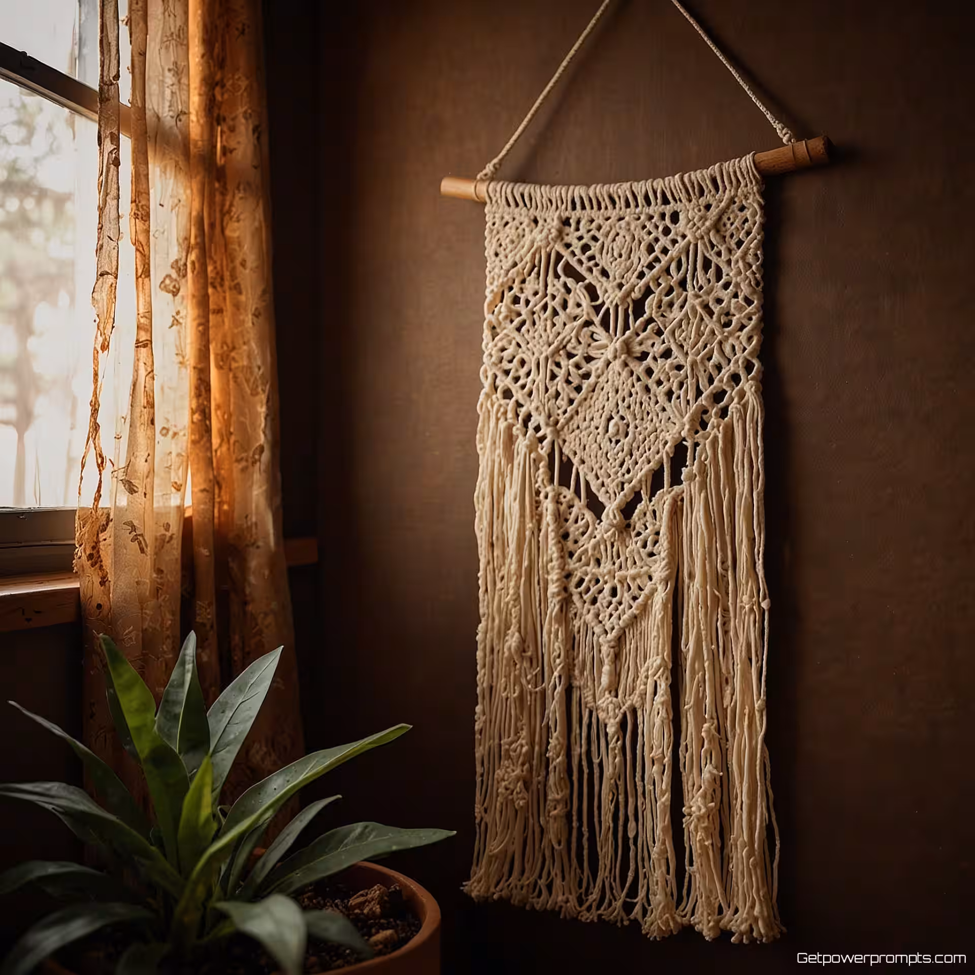 Macrame wanddecoratie, bohemien flat lay fotografie, geweven wandtapijt achtergrond, warme ambiance belichting, diagonale opstelling perspectief, eclectische opstelling, aardetinten kleurenschema, natuurlijke elementen, textuurrijke stoffen, artistieke styling, ondiepe scherptediepte, warme ambiance gloed, vrijgevochten esthetiek
