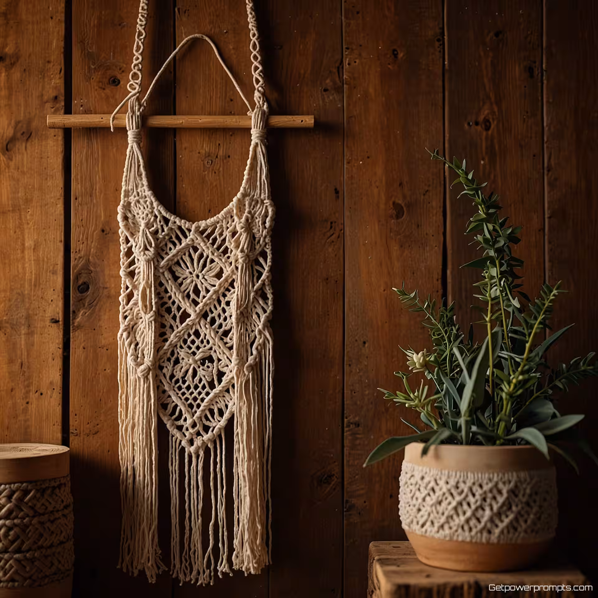 Macrame wanddecoratie, bohemien flat lay fotografie, gerecycled hout achtergrond, warme ambiance belichting, vogelperspectief perspectief, eclectische opstelling, pastelkleuren kleurenschema, natuurlijke elementen, textuurrijke stoffen, artistieke styling, ondiepe scherptediepte, warme ambiance gloed, vrijgevochten esthetiek