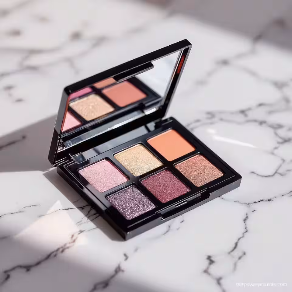 Oogschaduwpalet, cosmetica flat lay fotografie, marmer textuur achtergrond, zachte natuurlijke verlichting verlichting, gecentreerde compositie perspectief, schoonheidsproducten opstelling, schone esthetiek, zachte schaduwen, ondiepe scherptediepte, professionele cosmetica presentatie, pastel kleuren kleurenschema, elegante styling