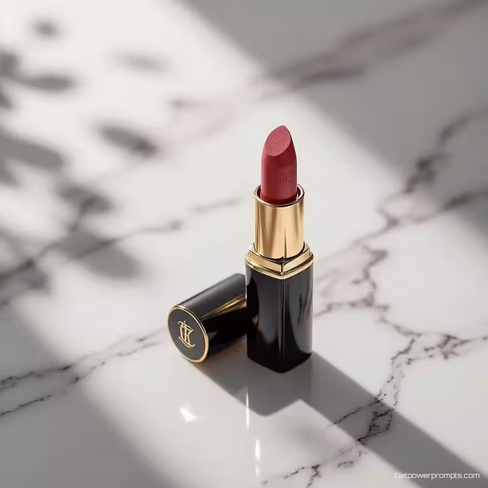 Luxe lippenstift, cosmetica flat lay fotografie, marmer textuur achtergrond, zachte natuurlijke verlichting verlichting, gecentreerde compositie perspectief, schoonheidsproducten opstelling, schone esthetiek, zachte schaduwen, ondiepe scherptediepte, professionele cosmetica presentatie, pastel kleuren kleurenschema, elegante styling