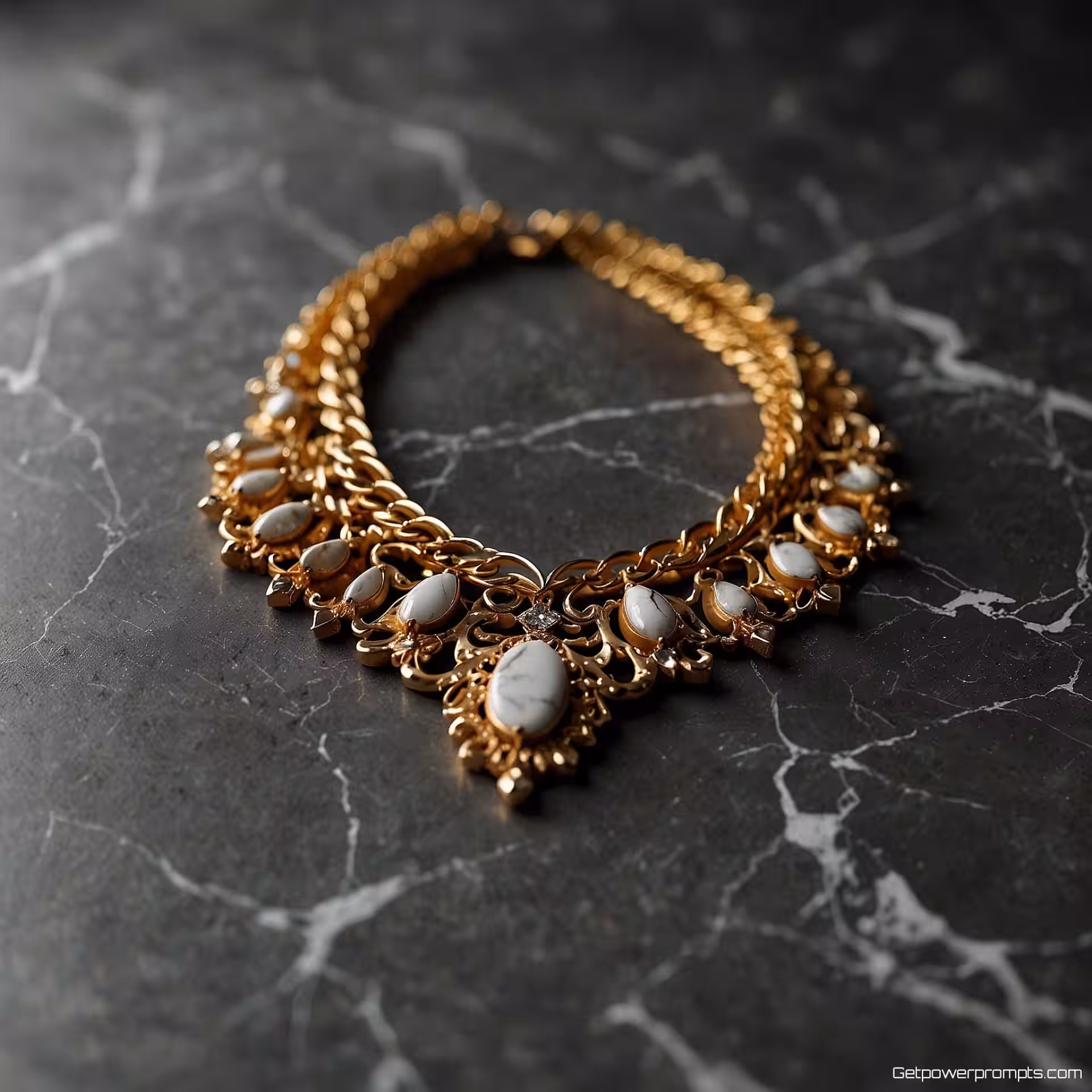 Gouden statement ketting, modeaccessoires flat lay fotografie, verspreide lay-out perspectief, marmeren achtergrond achtergrond, zacht natuurlijk licht belichting, monochroom palet kleurenschema, redactionele styling, modeblad esthetiek, accessoire arrangement, professionele productpresentatie, ondiepe scherptediepte, zachte schaduwen, commerciële modefotografie